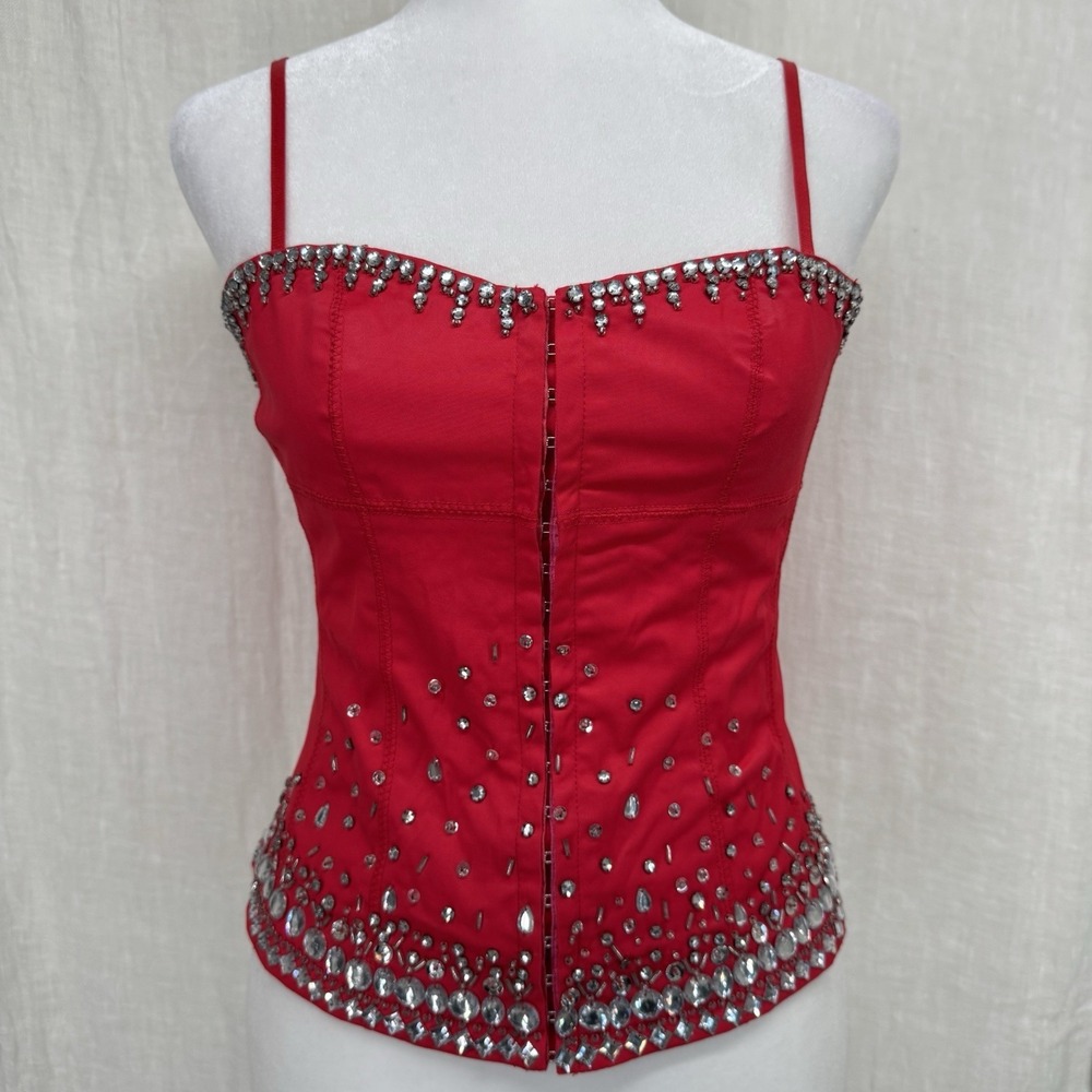 Red Y2K Rhinestone Corset Top XS Indie Bling Going Out Statement Club Vintage